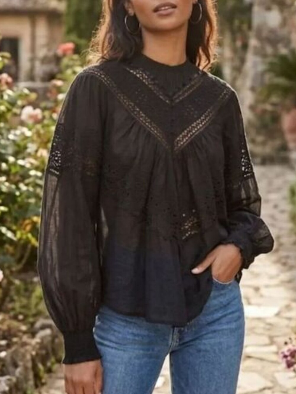 Free People Abigail Victorian Black Lace Eyelet Balloon Sleeve Blouse